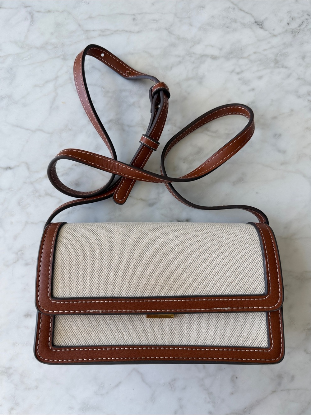 Mango Leather-Trim Canvas Crossbody Bag in Cream and Brown